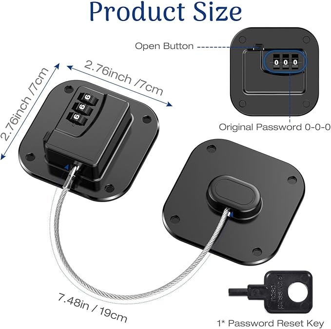 Fridge Refrigerator Lock with Combination, Heavy Duty Lock for Cabinet, Drawers, Closet, Safety Easy Install No Keys Needed (Black-2Pack)