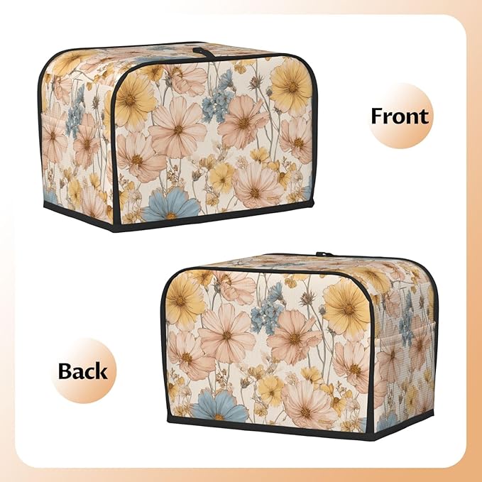 2 Slice Toaster Cover for Kitchen Flower Vintage Botanical Waterproof and Dustproof Toaster Dust Cover with Side Pockets Decorative Universal Cover for Wide Slot Toasters and Small Appliances