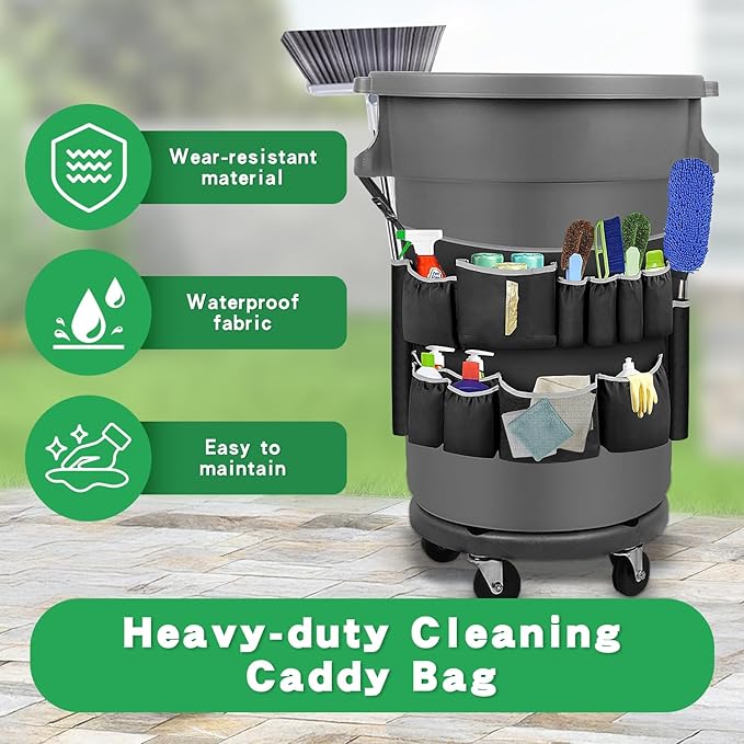 Trash Can Caddy Organizer with 10 Pockets - Cleaning Supply Holder for 32-55 Gallon Round Garbage Bins | Adjustable Strap Storage Bag for Sponges, Gloves, Spray Bottles, Cleaning Tools