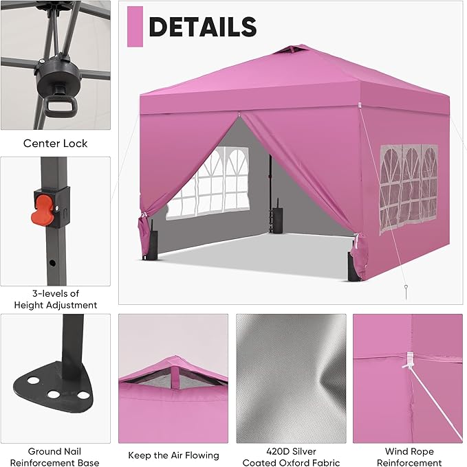 Saemoza 12x12 Pop Up Canopy Tent with One Push Setup, Portable Sun Shade Tent, Instant Easy Up Canopy with 4-Sidewalls & Wheeled Bag, Outdoor Fldable Gazebo with Vent Top, Pink.