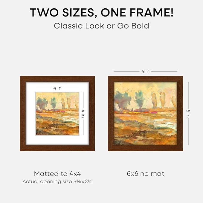 Homeforia 6x6 Picture Frame Brown, High-End Dark Oak 6 x 6 Square Brown Wood Frame with Mat 4 by 4 for Art, 6by6 Wooden Walnut Poster Frame Matted to 4x4 inch Photo, Tempered Glass, Wall Kit, Set of 1