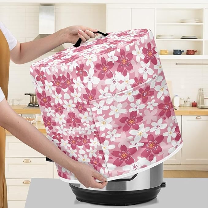 TODIYADDU Pink Cherry Blossoms Pressure Cooker Cover with Handle and Storage Pocket for Extra Accessories Portable Kitchen Small Appliance Dust Cover Protective Case Cover for Air Fryer Toaster