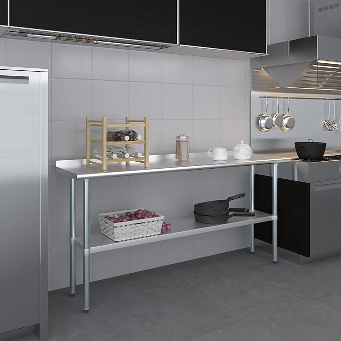 AmGood Stainless Steel Work Table with 1.5" Backsplash | Metal Kitchen Food Prep Table | NSF (72" Long x 18" Deep)
