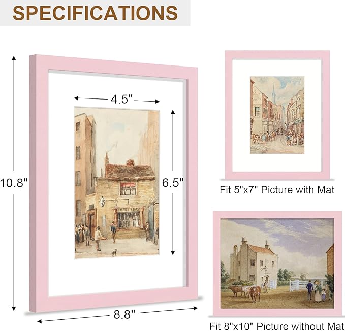 Vittanly 8x10 Picture Frame, Solid Wood Frame with Plexiglass, Includes 5x7 Mat, Wall Hanging or Tabletop for Home Decor, Pale Pink, 1 Pack