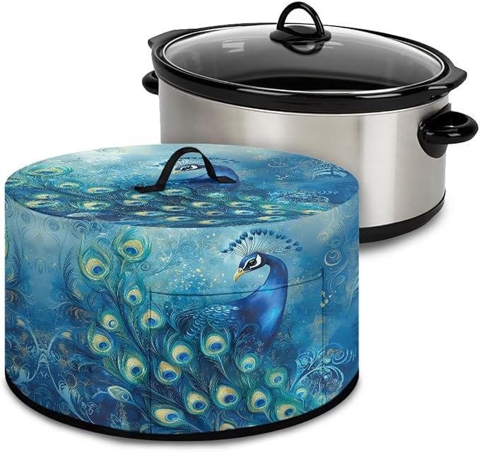 Blue Peacock Floral Print Slow Cooker Cover Fits 6/7/8 Quart Large Crock Pot Practical Electric Pressure Cooker Cover Keep Kitchen Clean and Easy to Use, 16x14x9.6 Inch