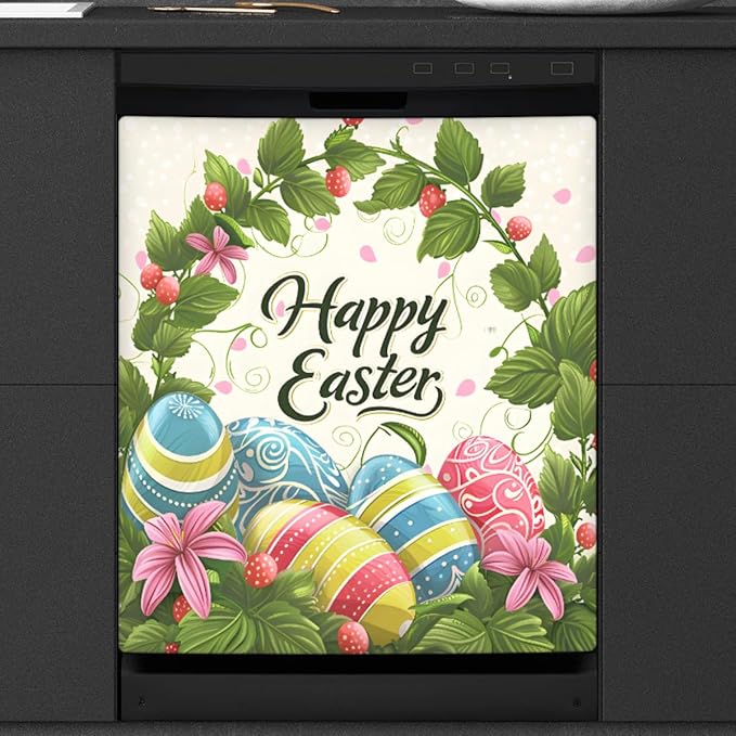 Happy Easter Eggs Flower Greens Dishwasher Magnet Cover, Reusable Refrigerator Panel Stickers Microwave Front Door Covers Magnets for Kitchen Home Appliances Holiday Party Decorations 23 X 26 in