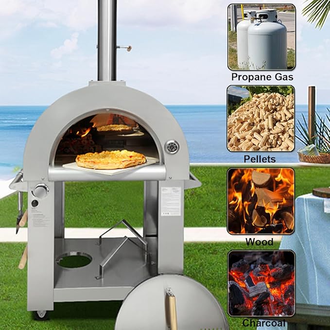 32.5" Dual Fuel Pizza Oven - Wood Fired or Propane Gas Fueled, Large Outdoor Oven with 4 Casters, 8 pcs Pizza Stones for BBQ, Grilling, 430 Stainless Steel Pizza Oven for Backyard, Camping and Party