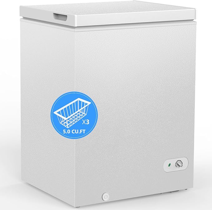 Cowsar 5.0 Cu.Ft Deep Freezer with 3 Basket, Quiet Chest Freezer Adjustable 7 Thermostat, Compact Freezer Free-Standing Top Door, Energy Saving for Apartment/Garage/Basement/Dorm/Home,White
