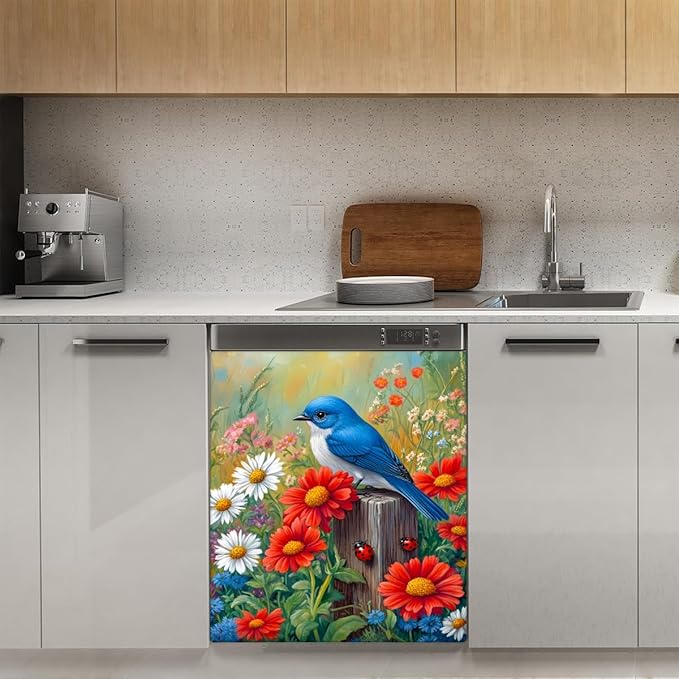 Spring Flowers Birds Dishwasher Magnet Cover Front Dishwasher Cover Decor Reusable Magnetic Door Cover Panel Decal Home Appliances Stickers Kitchen Refrigerator Fridge 23"x26"