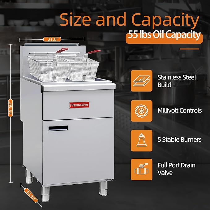 Commercial Gas Floor Fryer with 2 Baskets, 150000 BTU Natural Gas Fryer - Only Commercial Use, 5 Heating Tubes, 80 lb Capacity Deep Fryer for Restaurants, Fast Food, Food Trucks