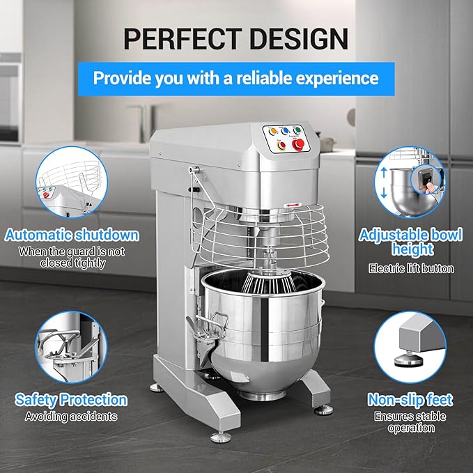 60Qt Commercial Dough Mixer by LEEVOT - 3000W Heavy Duty Electric Stand Mixer, 3 Speeds Planetary Floor Mixer with Stainless Steel Bowl, for Kitchen, Bakery, Pizzeria (230V 1-Phase)