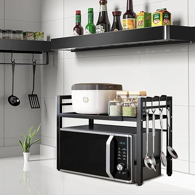 Microwave Oven Rack Expandable Countertop Heavy Duty Microwave Shelf 2-Tier Adjustable Metal Storage Shelf Rack for Kitchen(Black)