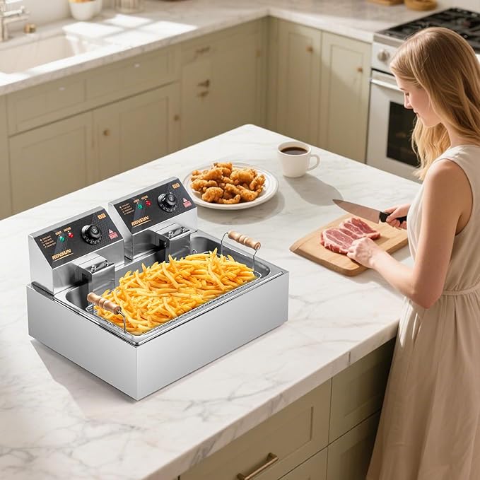 ROVSUN 23.8Qt Commercial Deep Fryer Countertop, Electric Deep Fryer with Basket, Lid & Adjustable Temp, Stainless Steel Kitchen Fat Fryer Frying Machine for French Fries Turkey Onion Rings 5000W