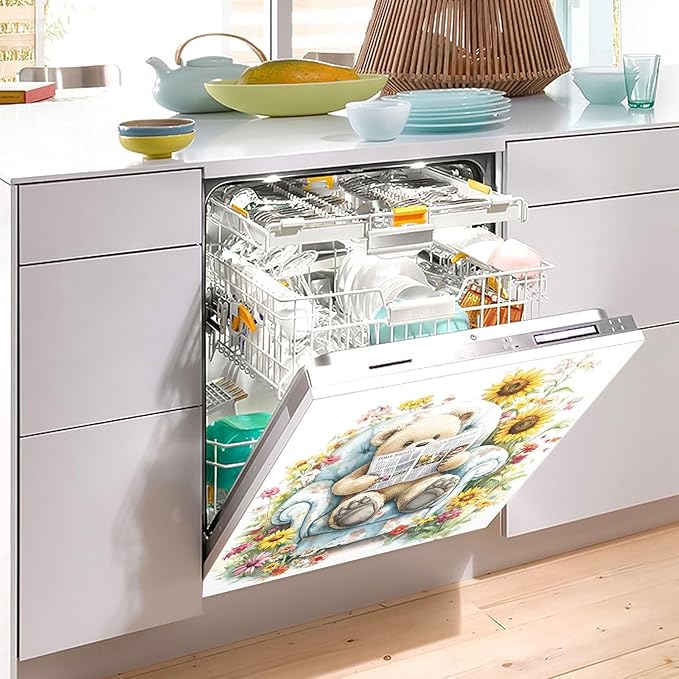 Bear Sunflowers Dishwasher Magnet Cover Magnet Sticker for Kitchen 23x26in Dish Washer Magnet Cover Refrigerator Magnets Panel Decal Pad