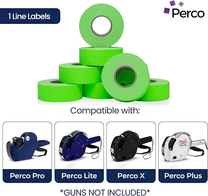 Perco 1 Line Fluorescent Green Labels - 32 Rolls, 4 Sleeves, 32,000 Blank Price and Date Gun Labels for Perco Lite, X, Plus and Pro 1 Line Price and Date Guns - Made in USA