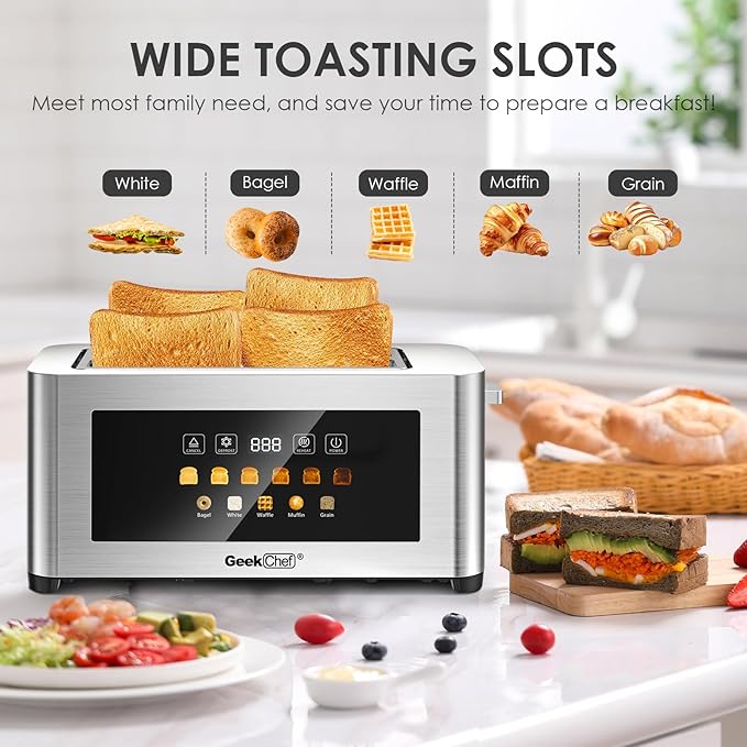 Geek Chef Toaster 4 Slice, Long Slots 1.5" Extra Wide Slots for Bagels & Waffles, TouchScreen, 6 Browning Levels, Timer, Defrost, Cancel Function, Auto Shut-Off, Removable Crumb Tray, Stainless Steel