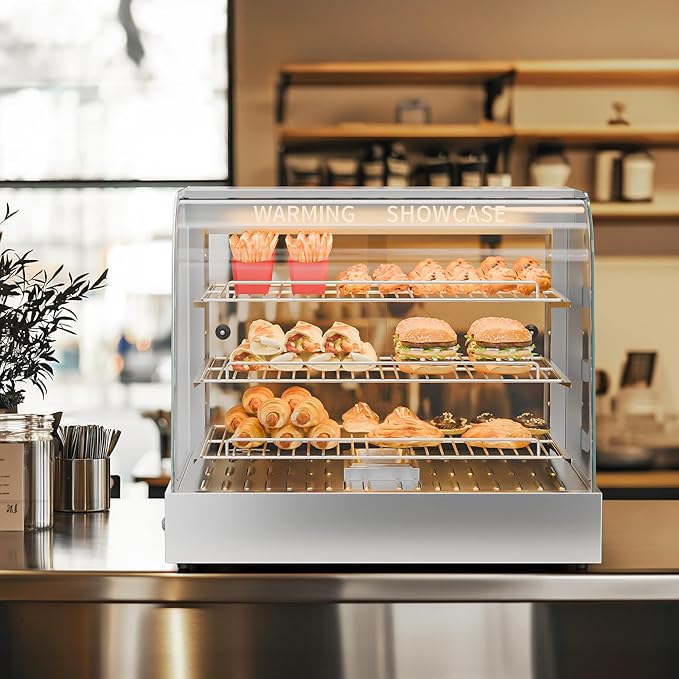 ROVSUN 26" Commercial Food Warmer Display Pizza Warmer, 3-Tier Electric Countertop Food Warmer w/LED Lighting Adjustable Removable Shelves Glass Door, Pretzel Warmer for Buffet Restaurant, Silver