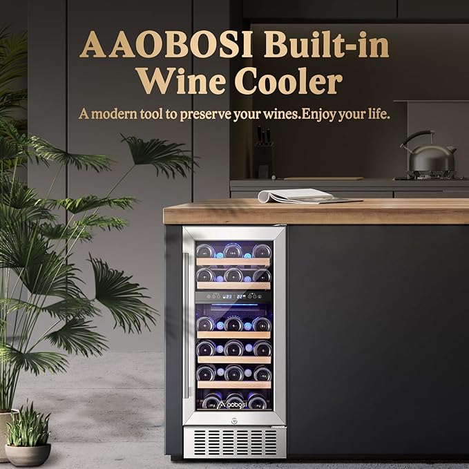 AAOBOSI 15 inch Dual Zone Wine Fridge, 28 Bottles Built-in or Freestanding Fridge,41-64°F Wine Cooler with Professional Compressor，Low Noise and No Fog