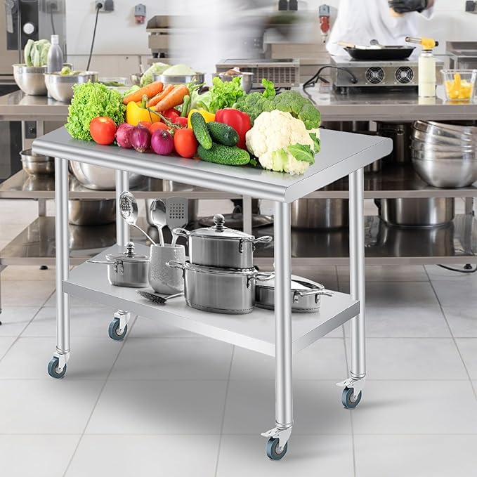  Stainless Steel Prep Table, 24 x 48 Inches Heavy Duty Commercial , with Rounded-Corner, Adjustable Undershelf and 4 Caster Wheels, Heavy Duty Work Table with Adjustable Under Shelf for Outdoor, Res