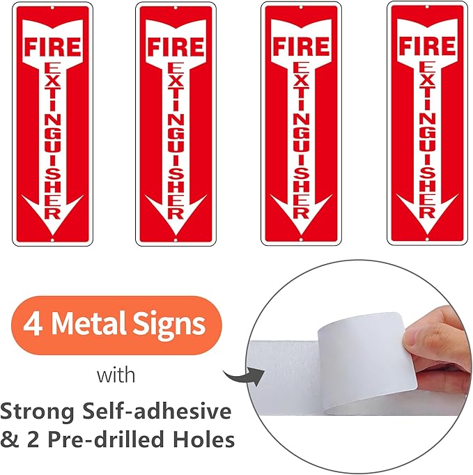 Fire Extinguisher Sign, (4 Pack) Self Adhesive Fire Extinguisher Sticker Signs for Indoor Outdoor, Rust Free Reflective Aluminum Metal Signs for Wall and Door (12 x 4 inches, Red/White)