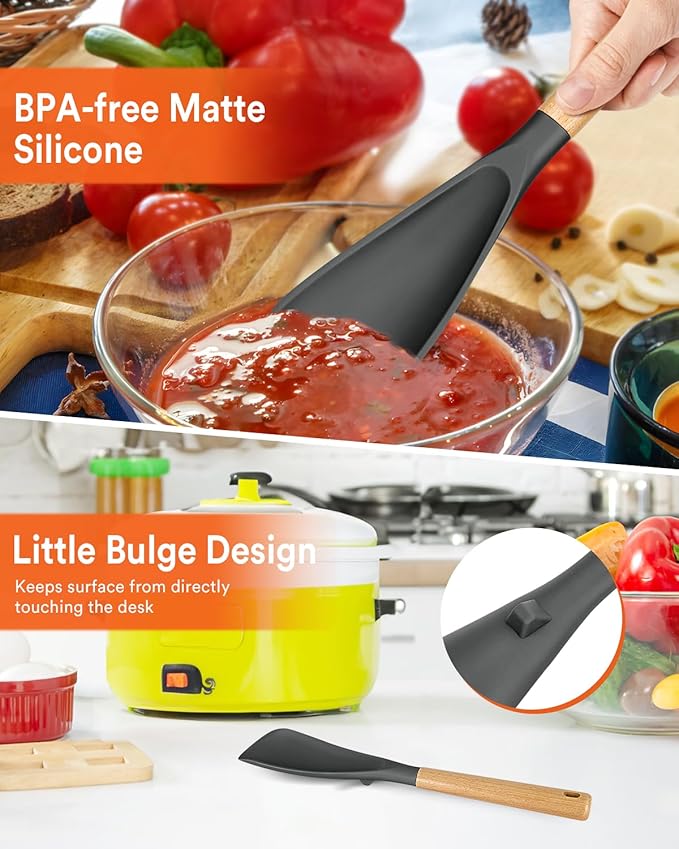 Cooking Spoon for Nonstick Cookwares, Great for Cooking and Serving Sturdy BPA-Free Matte Silicone, Wood Handle Spoon for Mixing, Scoop, and Scrape (GREY, 13.4 inch)