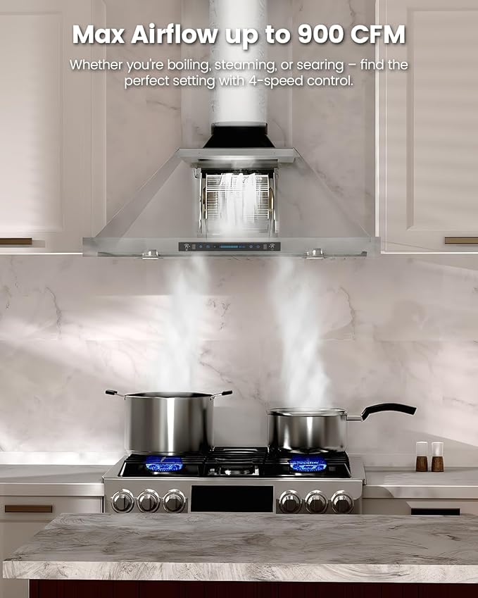 JOCO 30 Inch Wall Mount Range Hood, 900 CFM Stainless Steel Kitchen Chimney Vent Hood, Convertible for Ducted or Ductless Installation, 4-Speed Gesture/Touch/Remote Control P02-30G