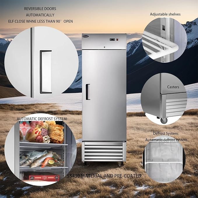 27 Inch Upright Commercial Refrigerator, Stainless Steel Single Door, 23 Cu.Ft, 3 Adjustable Shelves, Digital Temperature Control, NSF/ETL Certified, with Casters for Restaurant, Bar, Kitchen