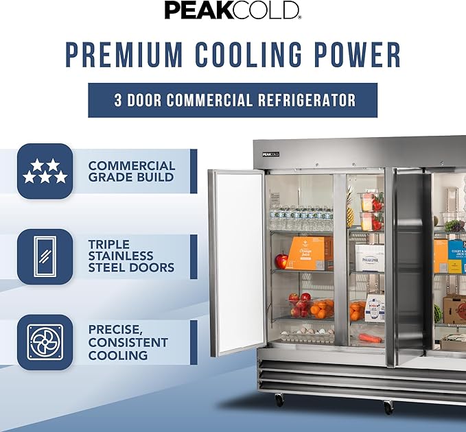 PEAKCOLD 3 Door Commercial Refrigerator - 72 Cubic Ft, 81" Wide Stainless Steel Reach-In Commercial Refrigerator with White Internal Lighting - Freestanding Industrial Fridge