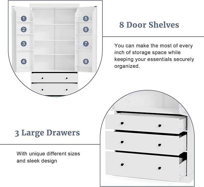Merax 77" Tall Kitchen Storage Cabinet Pantry Farmhouse Freestanding Large Cupboardwith 3 Drawers,3 Adjustable Shelves,8 Door-Shelf for Dining Room,White