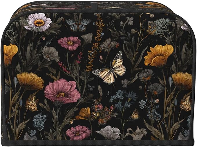 4 Slice Toaster Cover for Kitchen Flower Vintage Butterfly Botanical Waterproof Dustproof Toaster Dust Cover with Side Pockets Decorative Universal Cover for Wide Slot Toasters Small Appliances