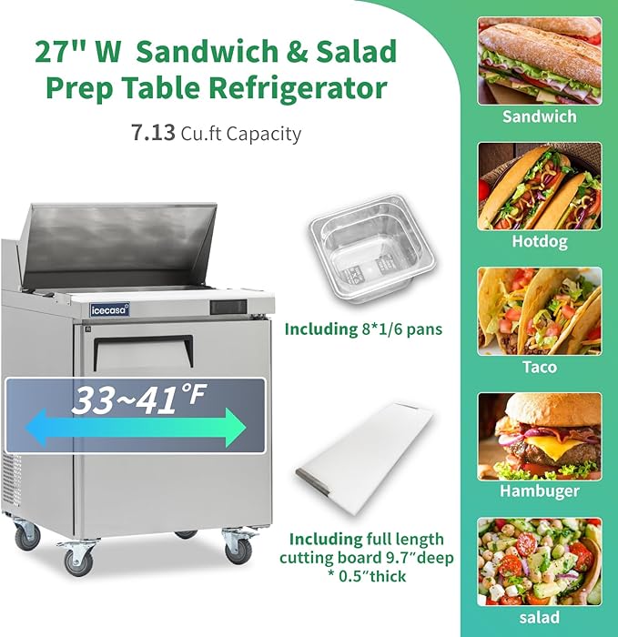 ICECASA 27" W Commercial Refrigerator Sandwich&Salad Prep Table single Door Stainless Steel Counter Fan Cooling Refrigerator with 8 pans-27 Inches for Restaurant, Bar, Shop, etc