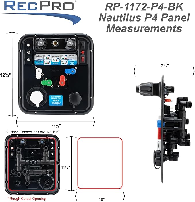 RecPro RV Water Management Panel | Nautilus P4 | 8-Function City-Water Fill | Made in America (Black)