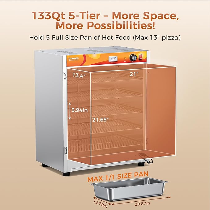 133Qt 5-Tier 900W Commercial Food Warmer w/ 304 Blued Stainless Steel Heating Element, Double-Tempered Glass Door, Adjustable Shelf, Electric Catering Hot Box Countertop Heated Holding Cabinet