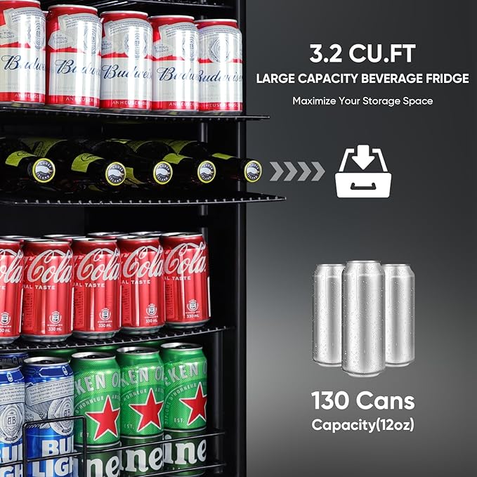 3.2 Cu.Ft Beverage Refrigerator with Compressor Cooling, 130 Can Glass Door Mini Fridge for Soda, Beer & Wine, Adjustable Shelves, Digital Temperature Control, for Home, Office & Bar, Black