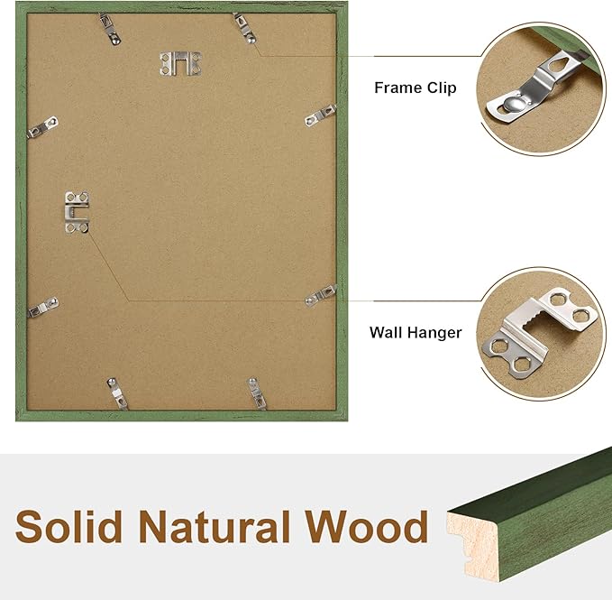 Vittanly 11x14 Picture Frame, Solid Wood Frame with Plexiglass, Includes 8x10 Mat, Wall Hanging for Photos, Home Decor, Rustic Green, 1 Pack