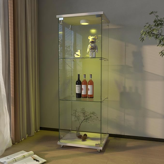 Yoluckea 3-Shelf Glass Display Cabinet with LED Lights, 1-Door Floor Standing Curio Cabinet with Universal Wheel for Home or Office, White Glass Bookshelf for Collections, Decor, and Corner Display
