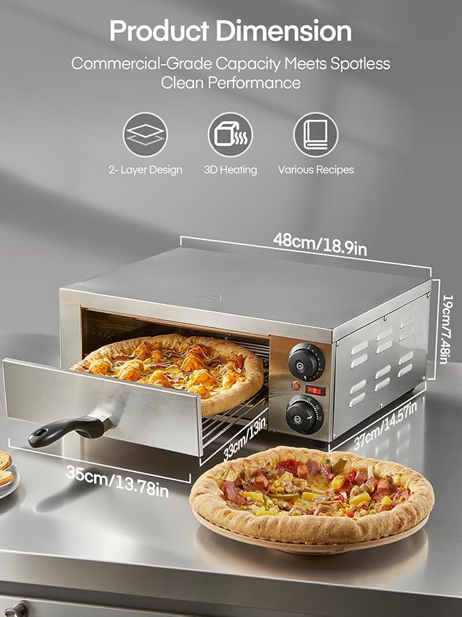 Commercial Pizza Oven, 12 Inch Pizza Oven Indoor with 662°F Max Temp, Electric Pizza Cooker with Alert Timer, 1800W Stainless Steel Pizza-Maker Machine, for Restaurant, Home, Party, Silver