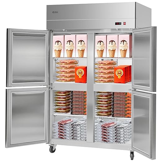 VEVOR Commercial Reach-In Freezer, 48" W, 33 Cu.Ft Stainless Steel Upright Freezer, with 4 Doors, Auto-Defrost, 6 Adjustable Shelves, -11 to 14℉ Temp Control, UL Certified