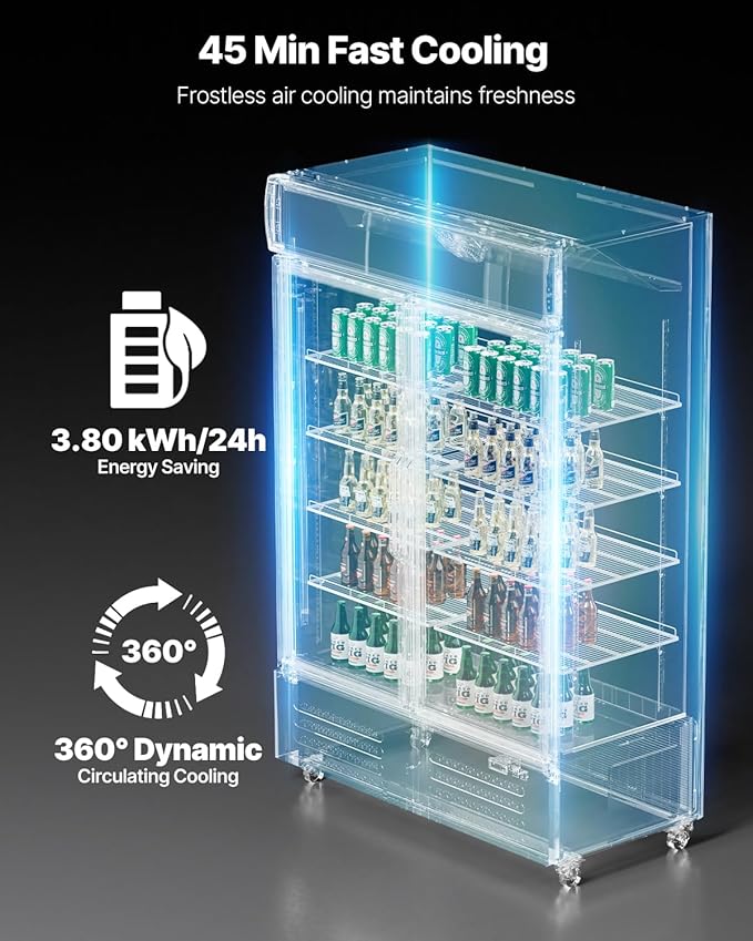 VEVOR Commercial Merchandiser Refrigerator, 36.27 CU.FT Upright Beverage Cooler, 2 Glass Door Display Refrigerator with 8 Adjustable Shelves, Soft LED Light, Customizable Lightbox, Casters, Black