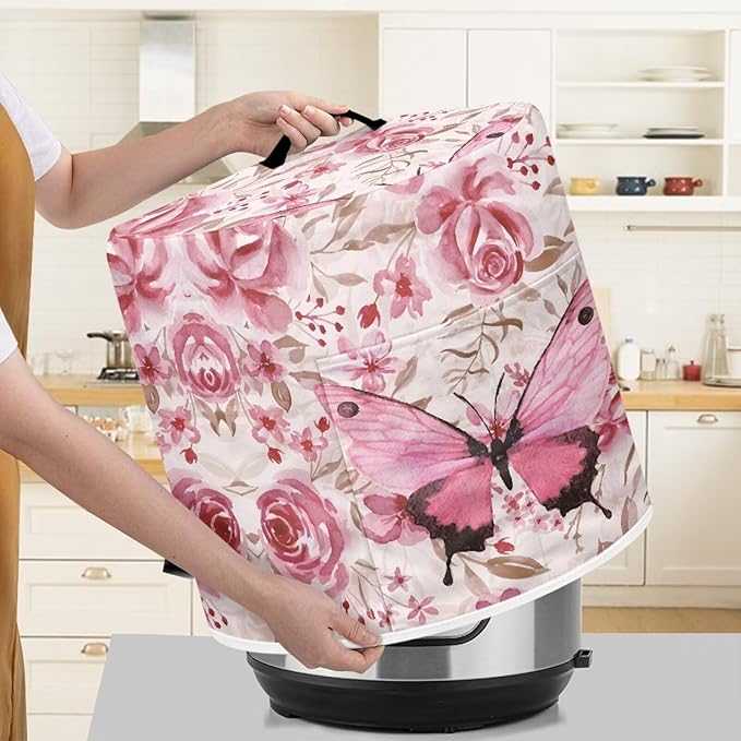 Flashideas Pink Butterfly Dust Cover with Pocket for Instant Pot, Rice Cooker and Air Fryer, Round Pressure Cover Dust-Proof Stain Resistant Electric Appliance Cover Easy to Clean