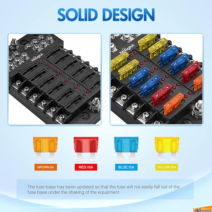 Nilight - 50056L 12 Way Blade Fuse Block 12 Circuits with Negative Bus Fuse Box Holder with LED Indicator ATO/ATC Fuse Panel Waterproof Cover for 12V Automotive Cars, Marine Boats, RVs, Trailers