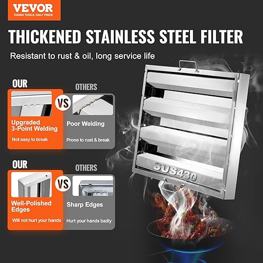 VEVOR Commercial Hood Filter, 15.5W x 19.5H Inch Range Hood Filters, Stainless Steel Restaurant Range Hood Baffle Filter for Grease Rated Commercial Kitchen Exhaust Hoods, 3 Grooves, Pack of 6