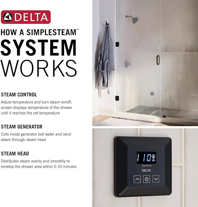 Delta Faucet SimpleSteam 4kW Steam System Kit Brushed Nickel, Includes 4kW Steam System Generator, Square Digital System Control, Square Steam Head, Lumicoat Stainless 5P-EST04-SS-PR