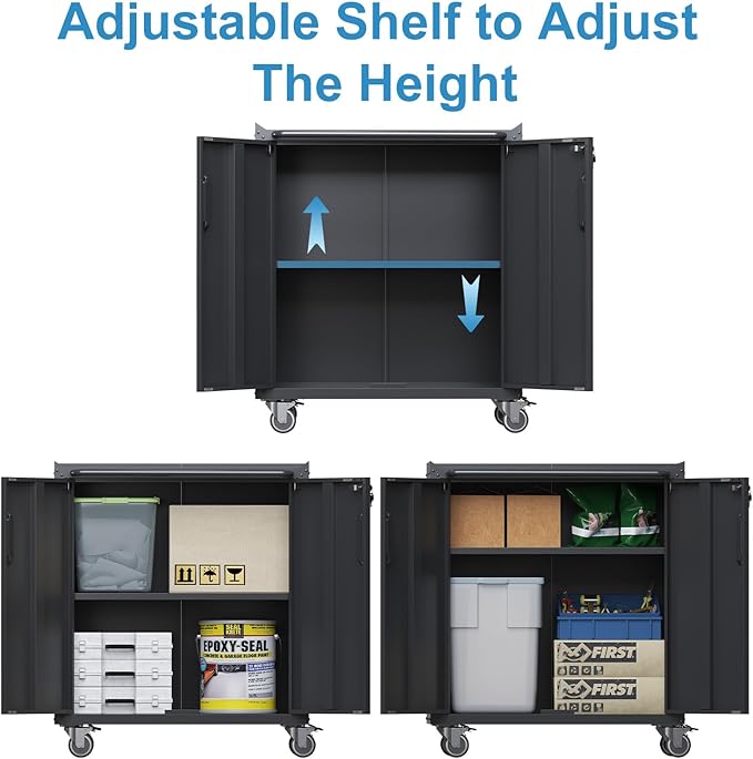 Black Metal Storage Cabinet for Garage with Wheels Rolling Tool Cabinets with Adjustale Shelves Heavy Duty Rolling Tool Cart with Lock for Warehouse Garage Basement Kitchen, Assembly Required