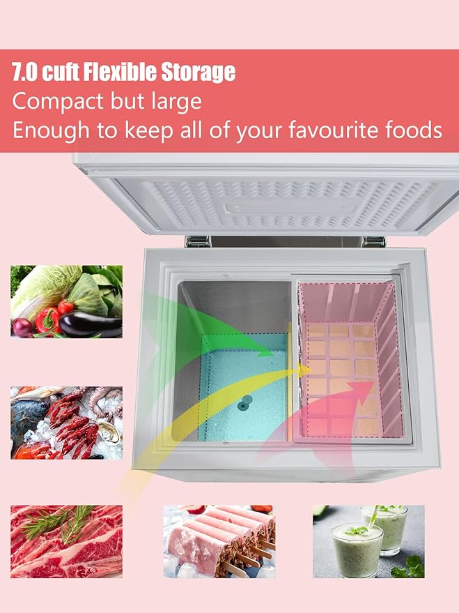 7.0 Cu.Ft Chest Freezer 7 Gears Temperature Control(-4°F to 6.8°F), Deep Compact Freezer with Two Removable Basket, for House, Kitchen, Garage, Basement, Shop, White