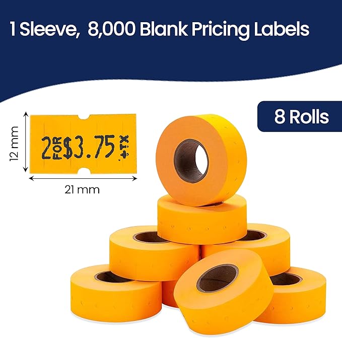 Perco 1 Line Fluorescent Orange Labels - 8 Rolls, 1 Sleeve, 8,000 Blank Price and Date Gun Labels for Perco Lite, X, Plus and Pro 1 Line Price and Date Guns - Made in USA