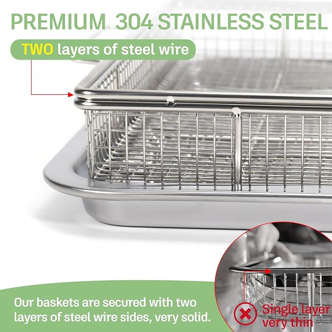 Extra Thick Air Fryer Basket and Tray for Large Oven,2PCS-Set,18.5''×12.9'',Thicker Basket and Crisper Tray Pan,Stainless Steel Air Fryer Accessories,with One Removable Handle