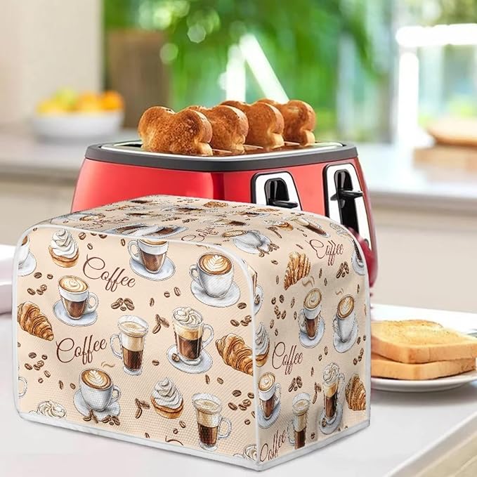Coffee Croissant Print 2 Slice Toasters Cover with Handle Stain Resistant Bread Maker Covers Kitchen Small Appliance Dust-Cover Kitchen Accessories for Toaster