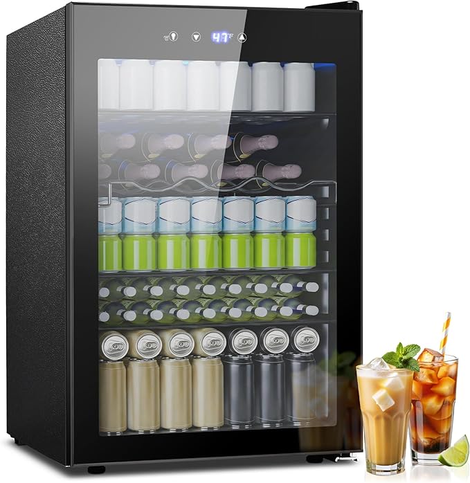 145 Can Beverage Cooler Refrigerator, Wine Cooler 37 Bottle Freestanding Drink Fridge Reversible Glass Door, Quiet Compressor for Home Kitchen Bar, 4.4 Cu.ft Black