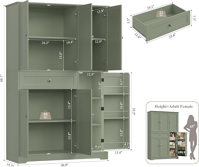 HOSTACK 68" Tall Kitchen Pantry Storage Cabinet, Modern Kitchen Hutch Cabinet with Doors and Shelves, Freestanding Food Pantry with Large Storage Drawer for Dining Room, Living Room, Green